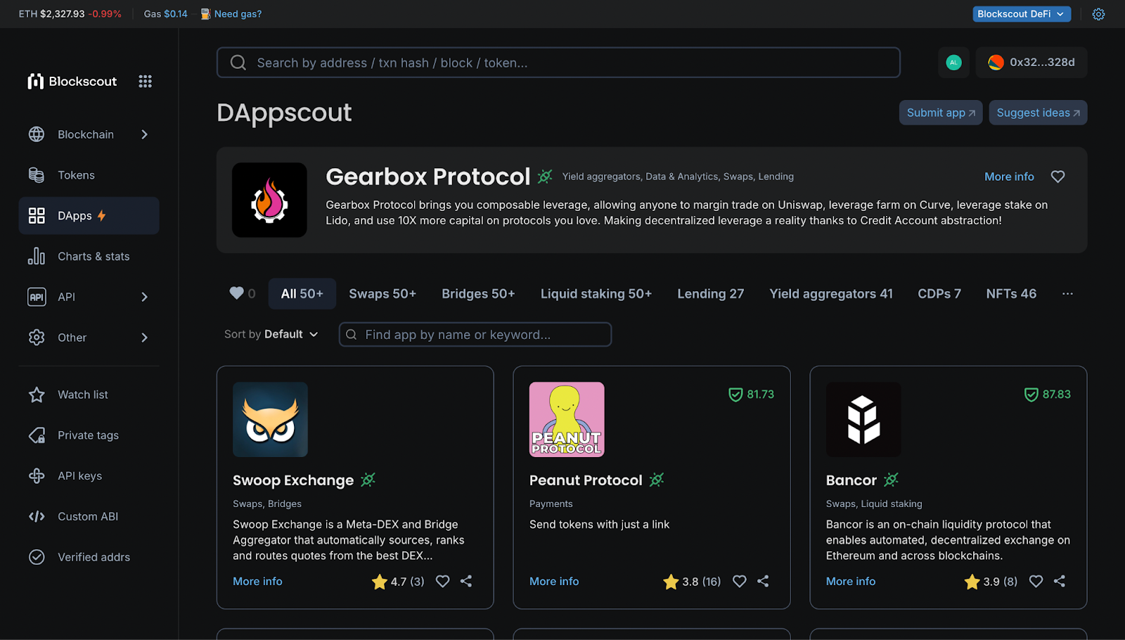The Dappscout tab within the Blockscout interface.