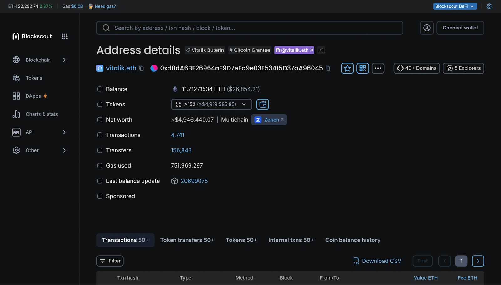 Address overview for Vitalik.eth on Blockscout.