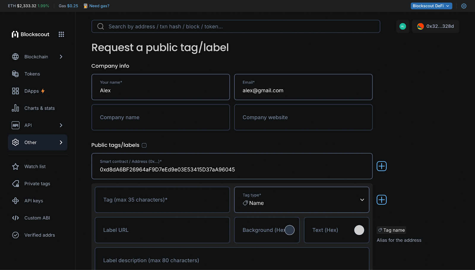 Form for requesting a public tag on an address on the blockchain.