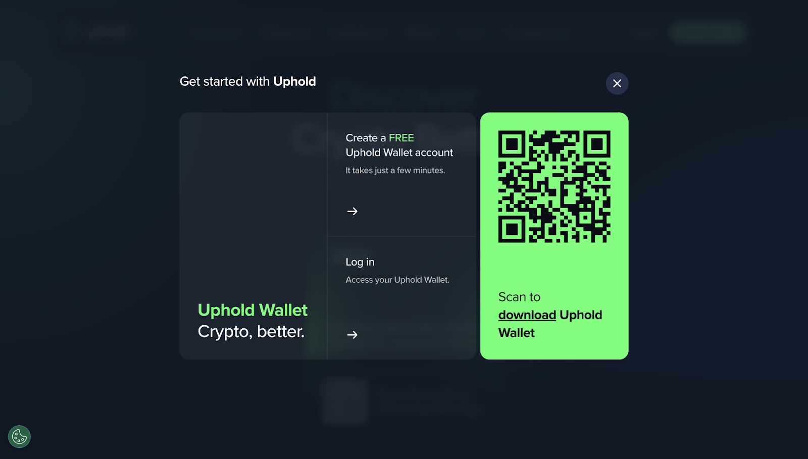 "Getting started" page on Uphold with QR code link for app.