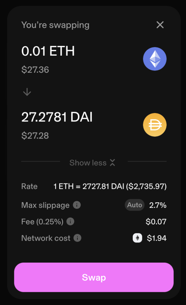 Swap feature on Uniswap