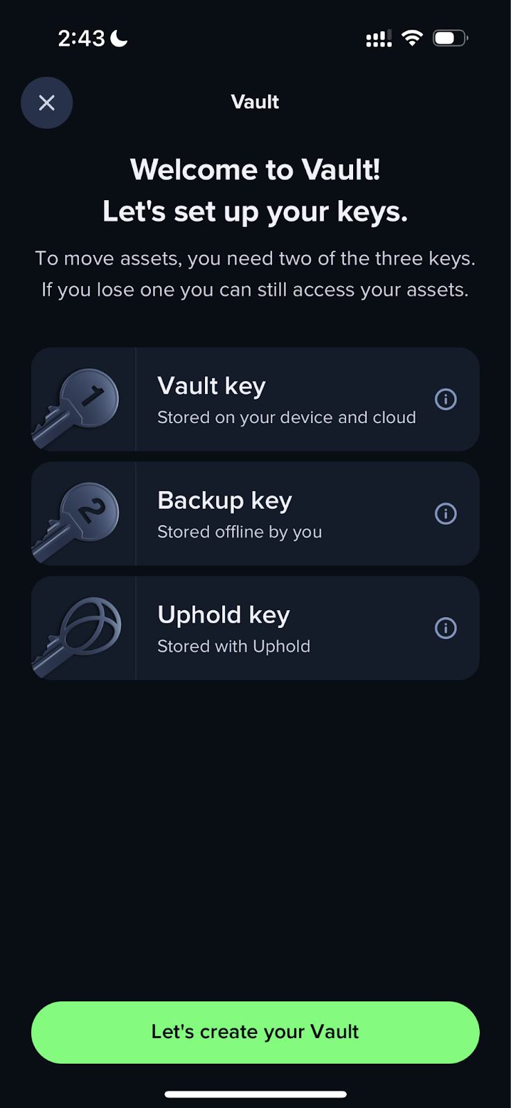 Uphold mobile Vault setup process