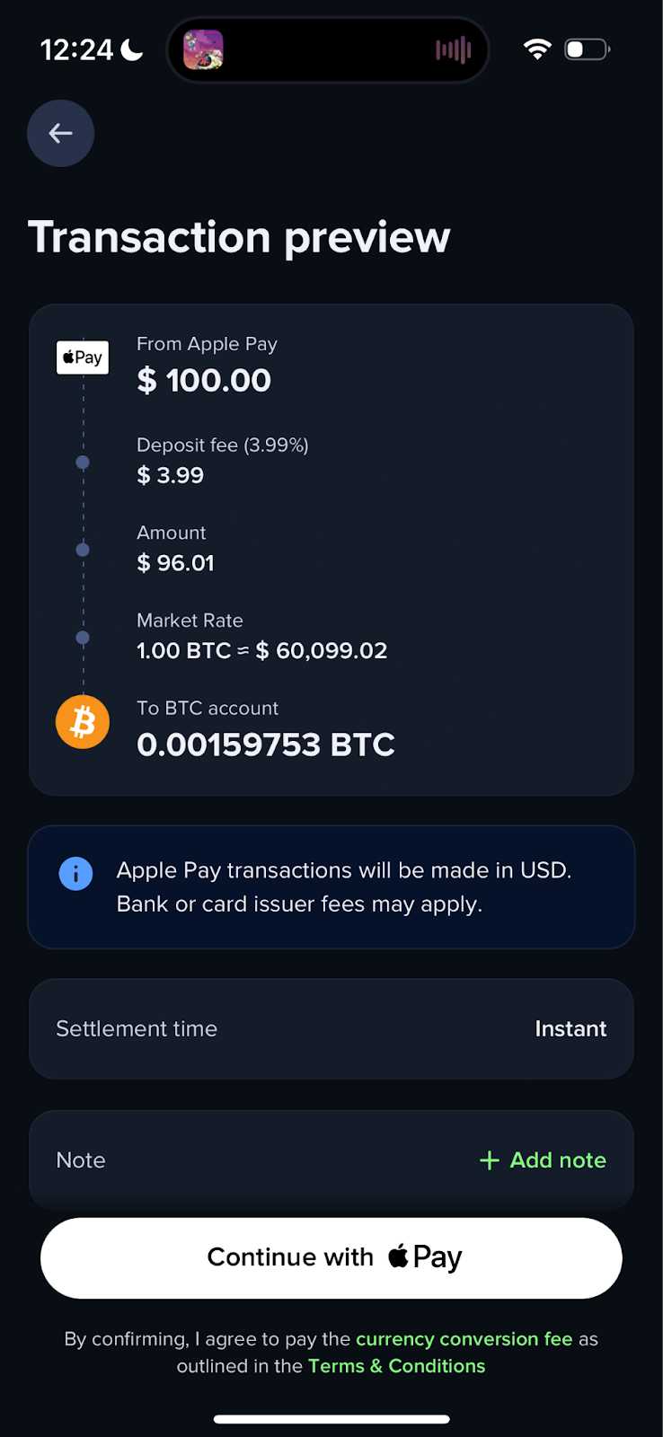 Uphold transaction preview for Apple Pay to BTC