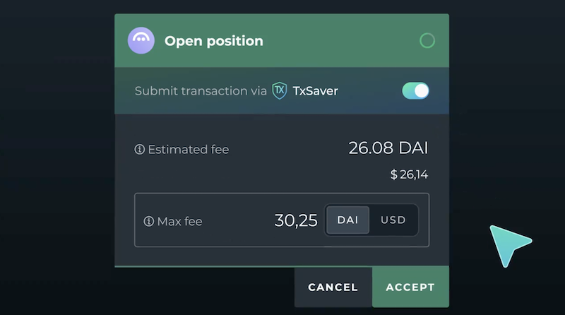 toggling on txsaver in the transaction confirmation box.