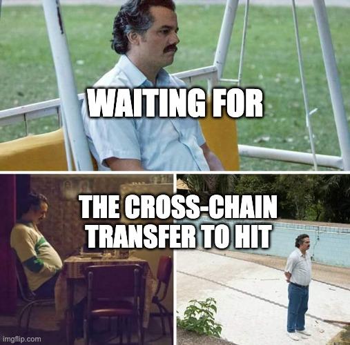 A three-panel meme of Pablo Escobar from Narcos sitting alone on a swing, on a bench, and at a table. The text implies he is waiting for his cross-chain USDC transfer, which is taking forever. The meme humorously captures the frustration of long blockchain transaction times.