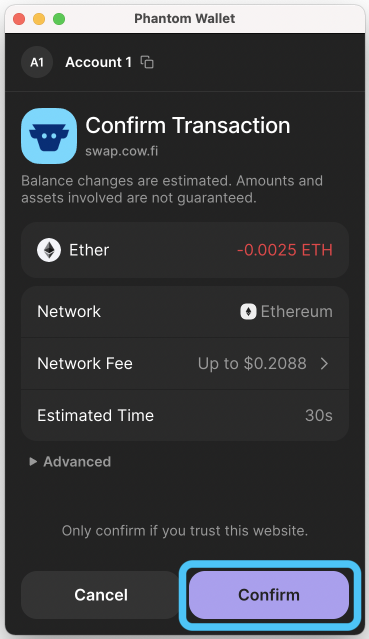 confirm the transaction in phantom wallet