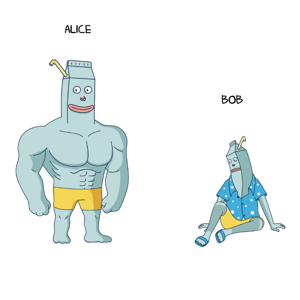 Buff, high IQ Alice, Scrawny low IQ Bob