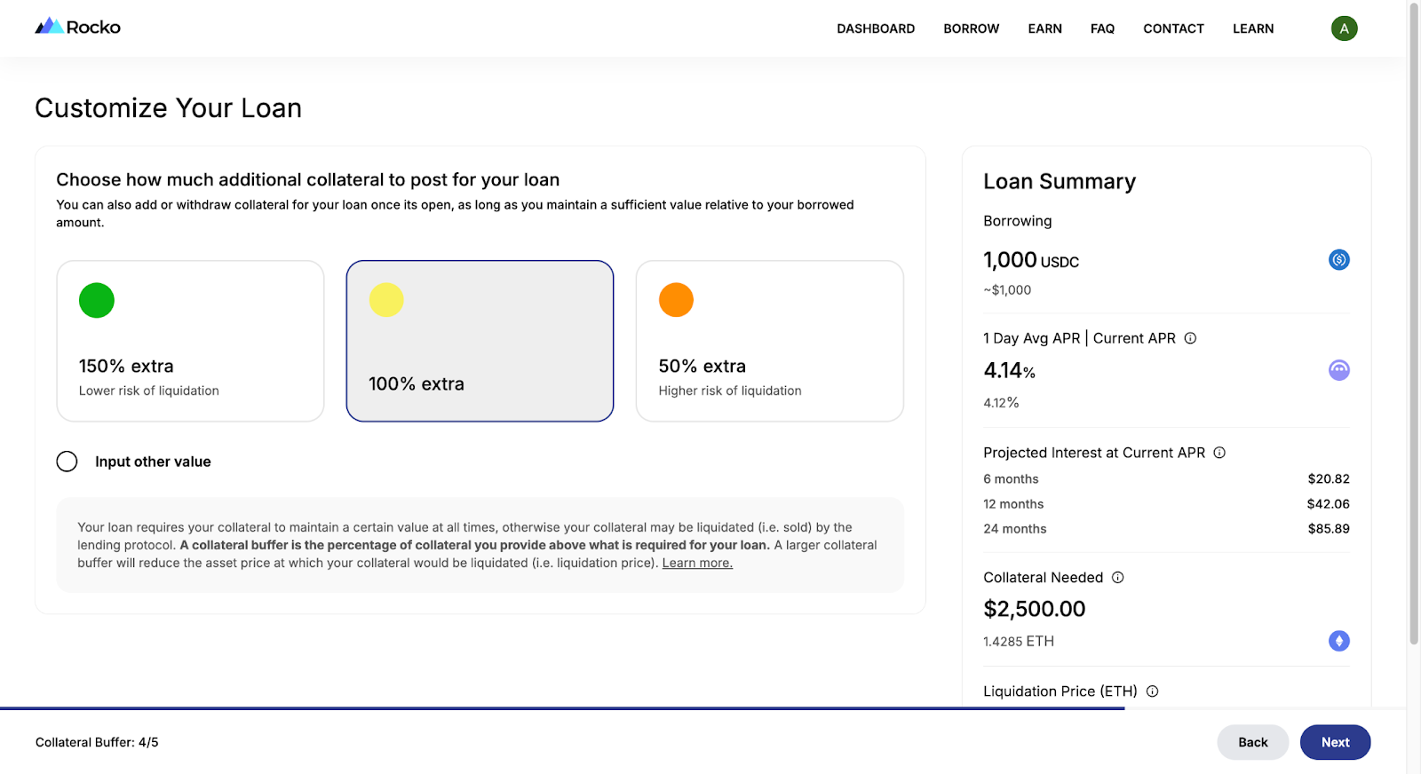 Choosing a collateral buffer for the Rocko loan.