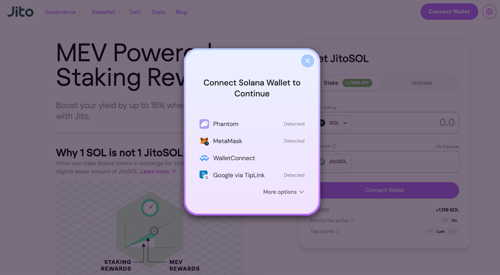 connect wallet on jito staking page