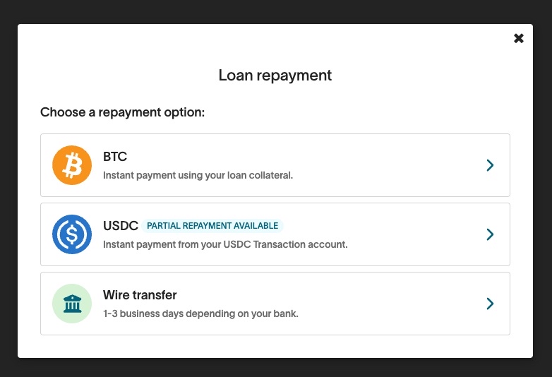repaying a loan on ledn with btc, usdc, or wire transfer
