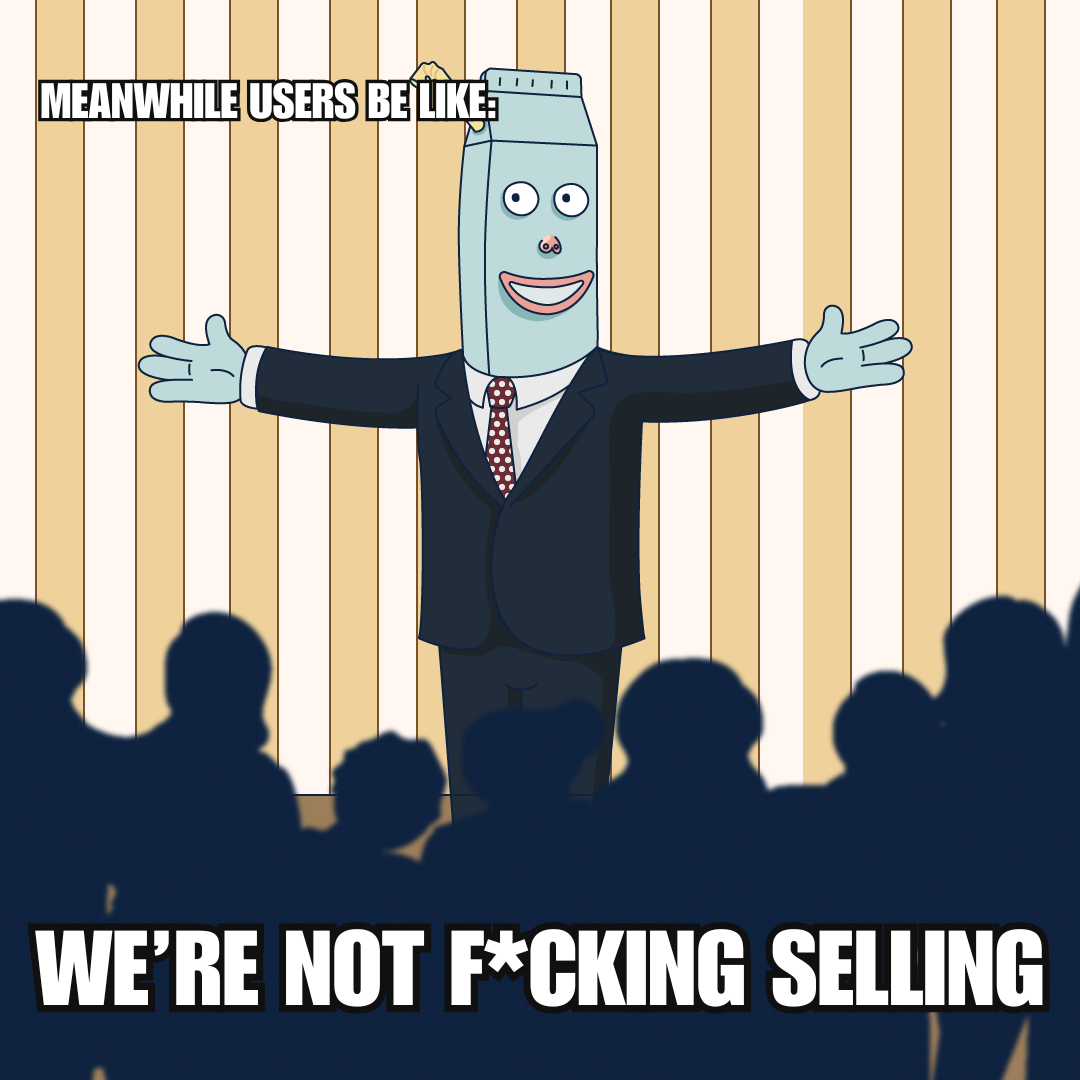milkman meme, meanwhile users saying: we're not selling our bitcoin!