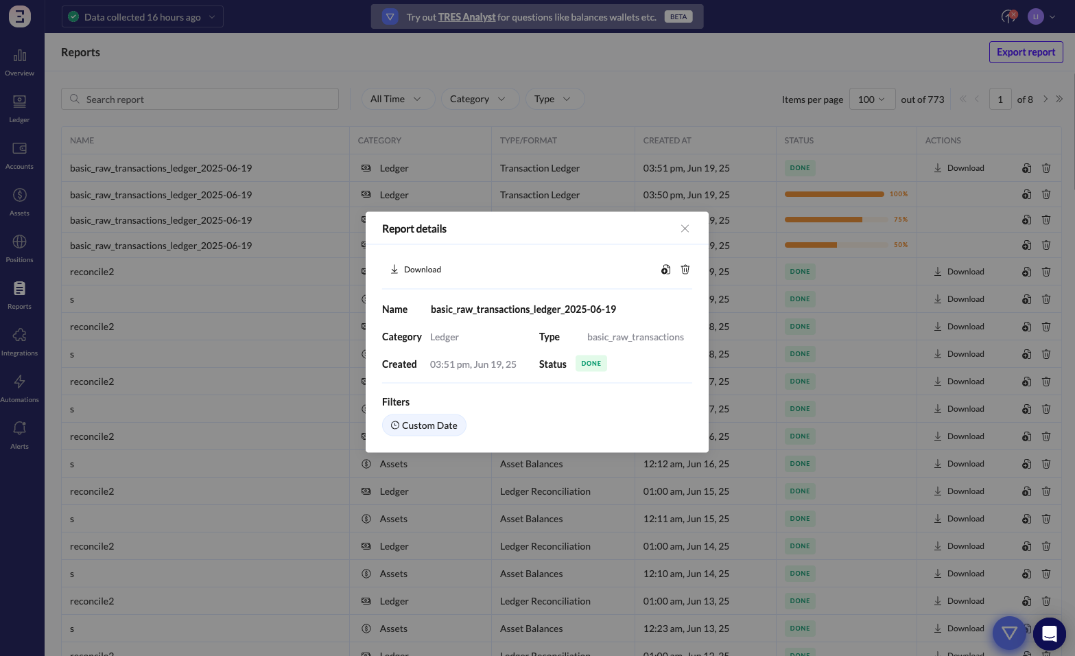 a finalized report of transaction fdata using the TRES Finance platform 