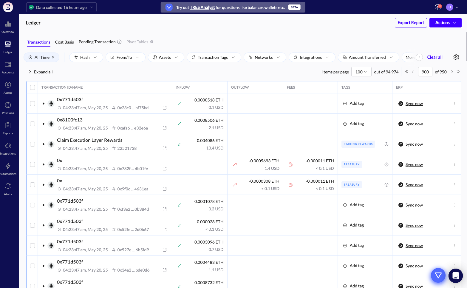 transaction records including inflows and outflows, for a chosen time period
