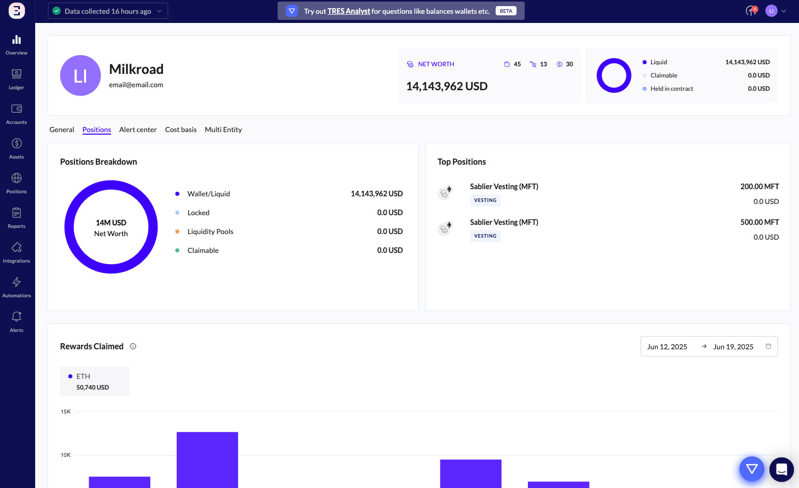 A breakdown of all assets and top positions for Mlik Road (demo)