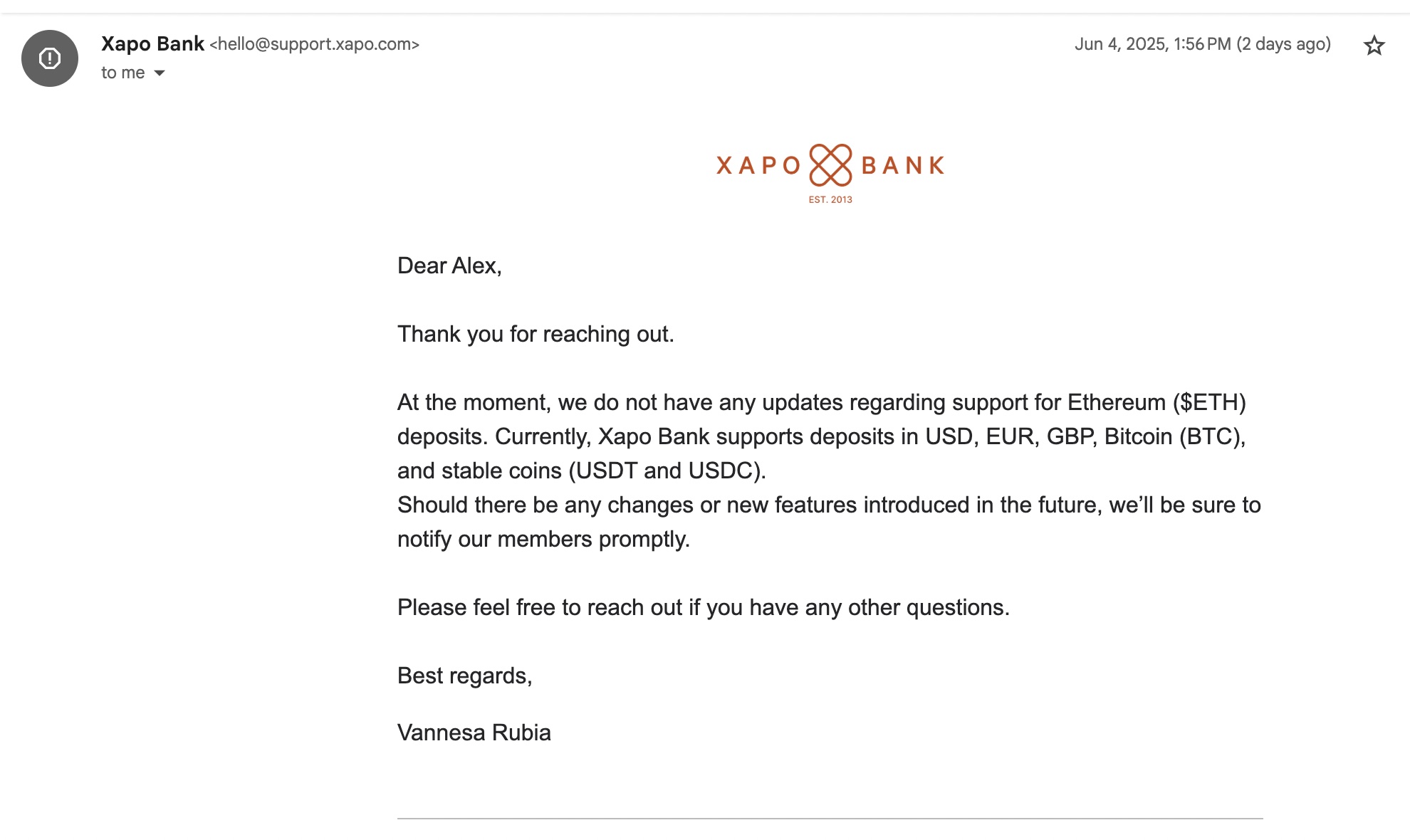 xapo customer support email response