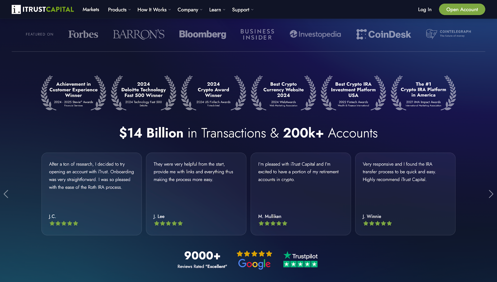 itrustcapital awards and milestones, from their home page