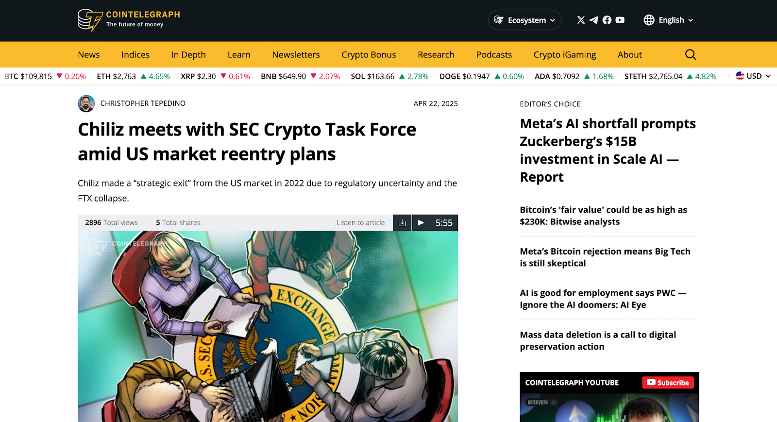 Headline on Cointelegraph about Chiliz meeting with US regulators