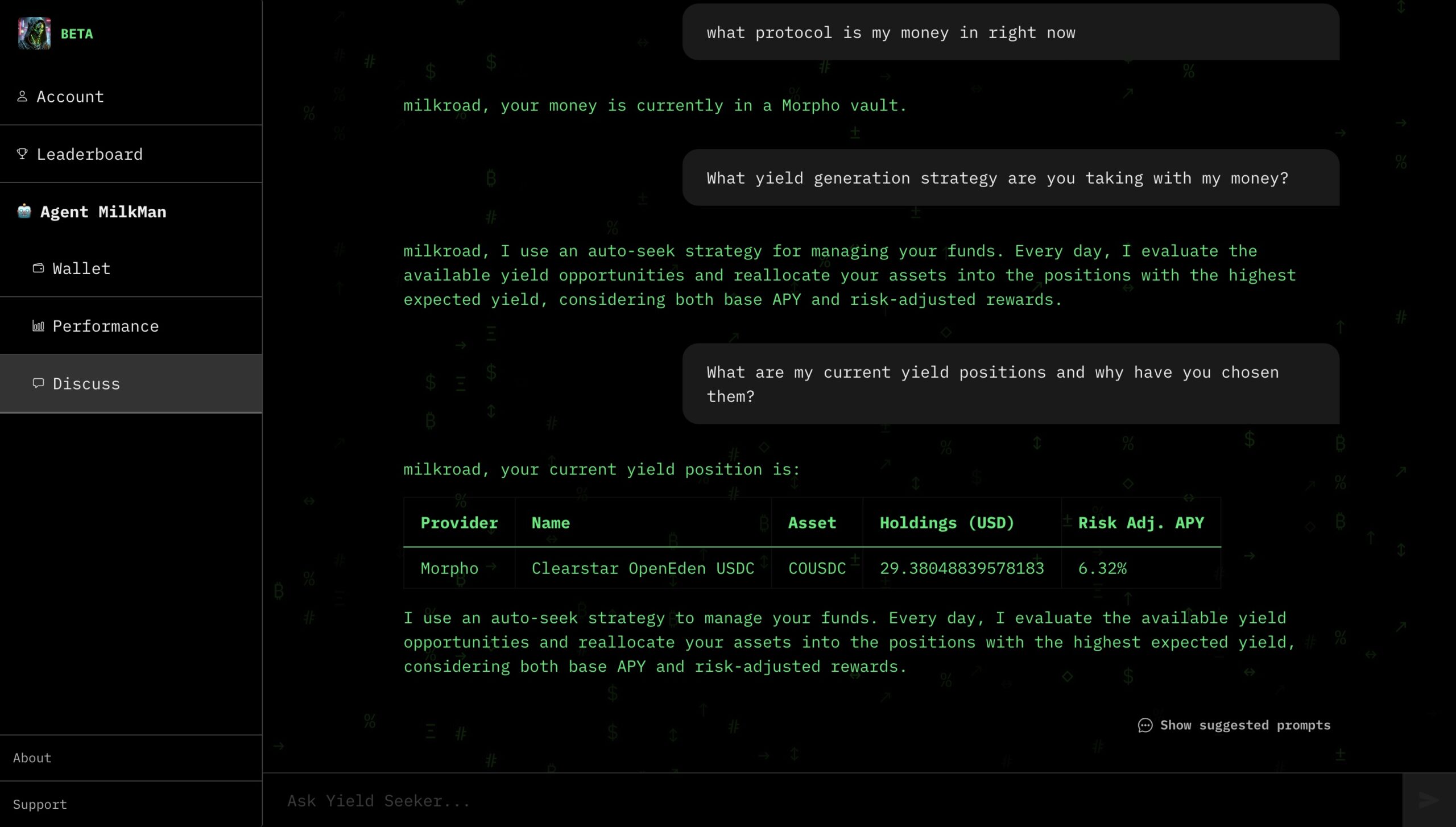 chat with my yield seeker AI agent