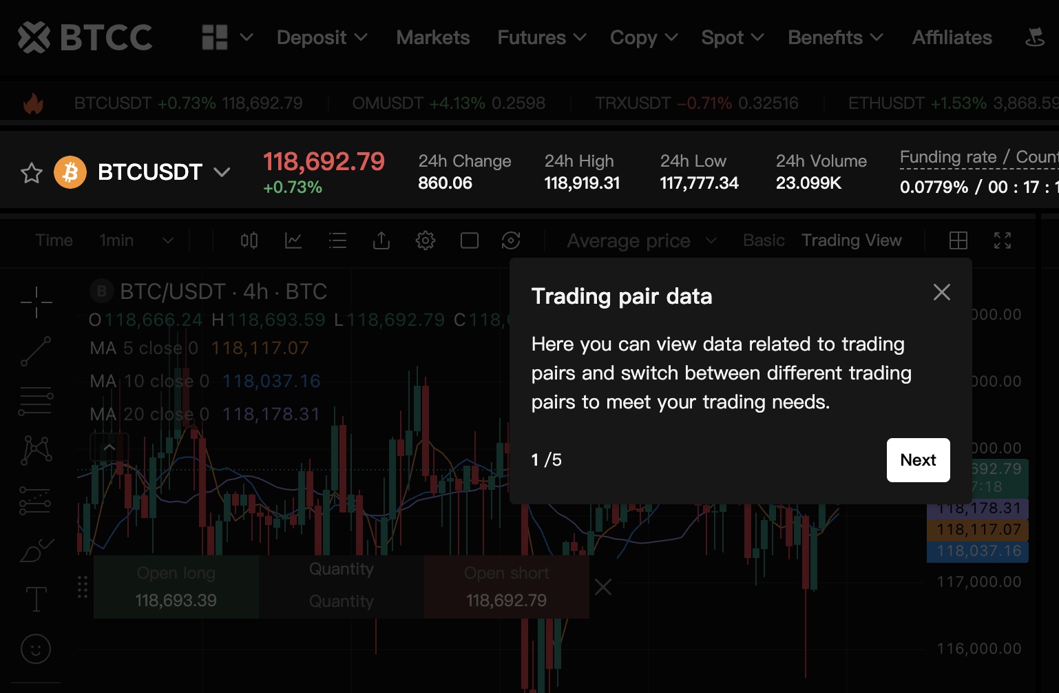 btcc step-by-step tutorials overlaid over the trading interface