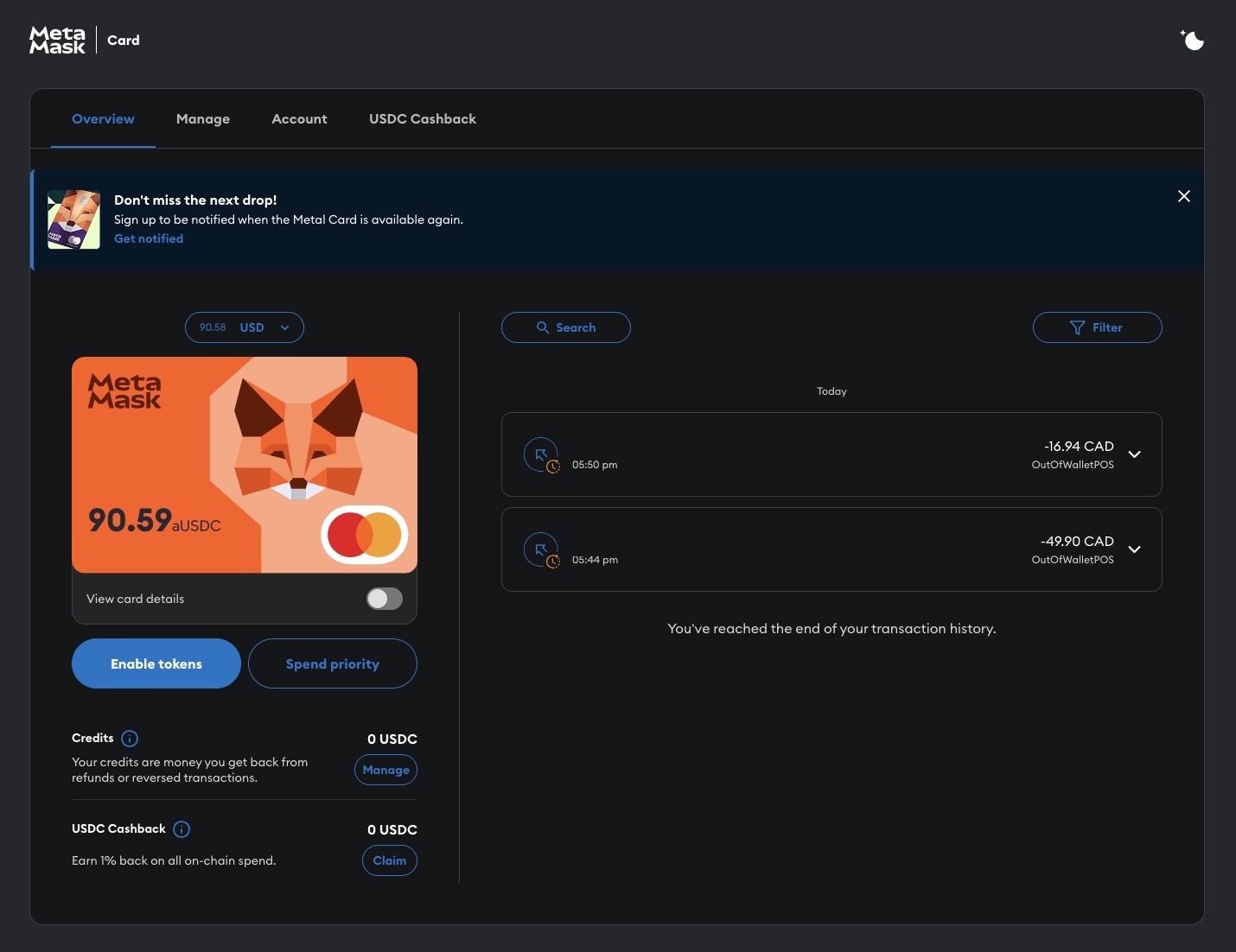 tyler's dashboard for his metamask card