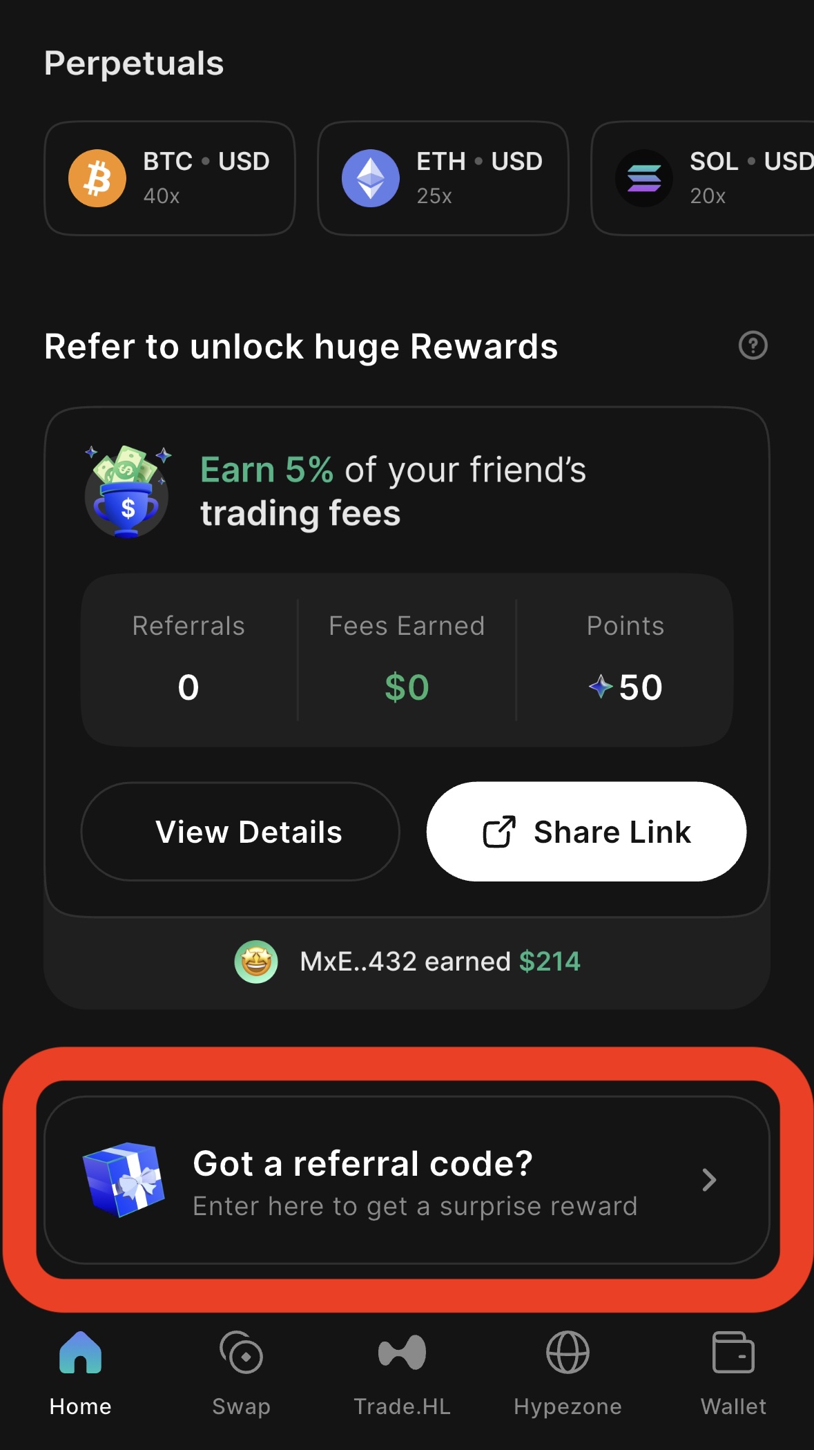 okto wallet screen referral link section