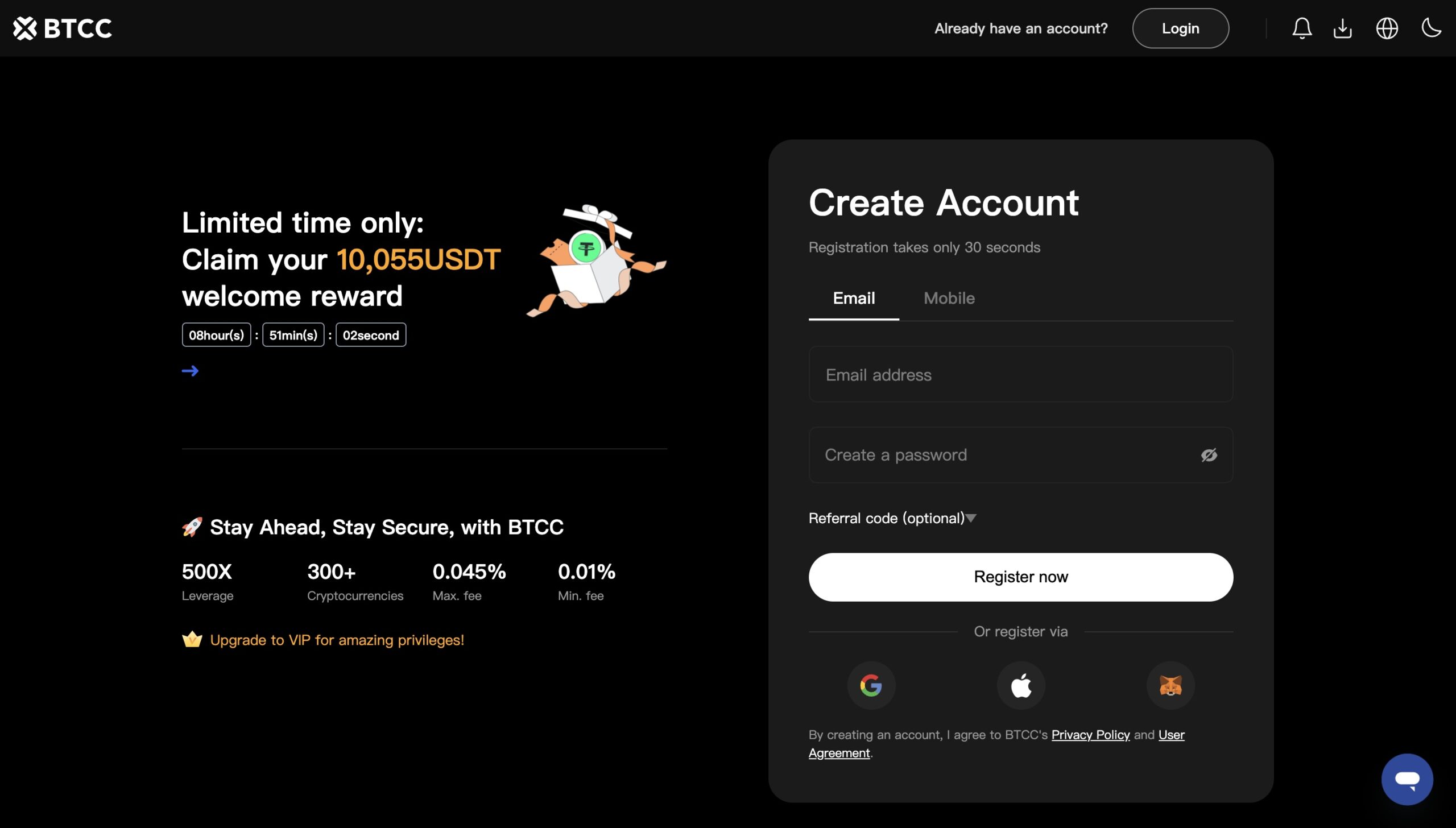 signing up to btcc with. just an email and password